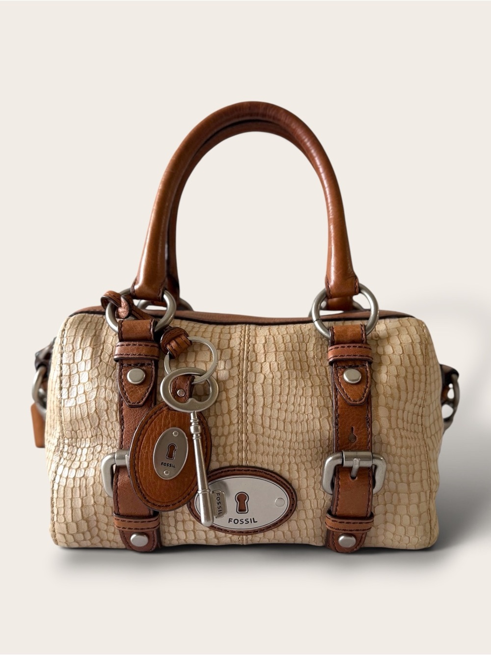 Fossil Y2K Mini Satchel Bag Beige Brown Key Charm Shoulder Strap
